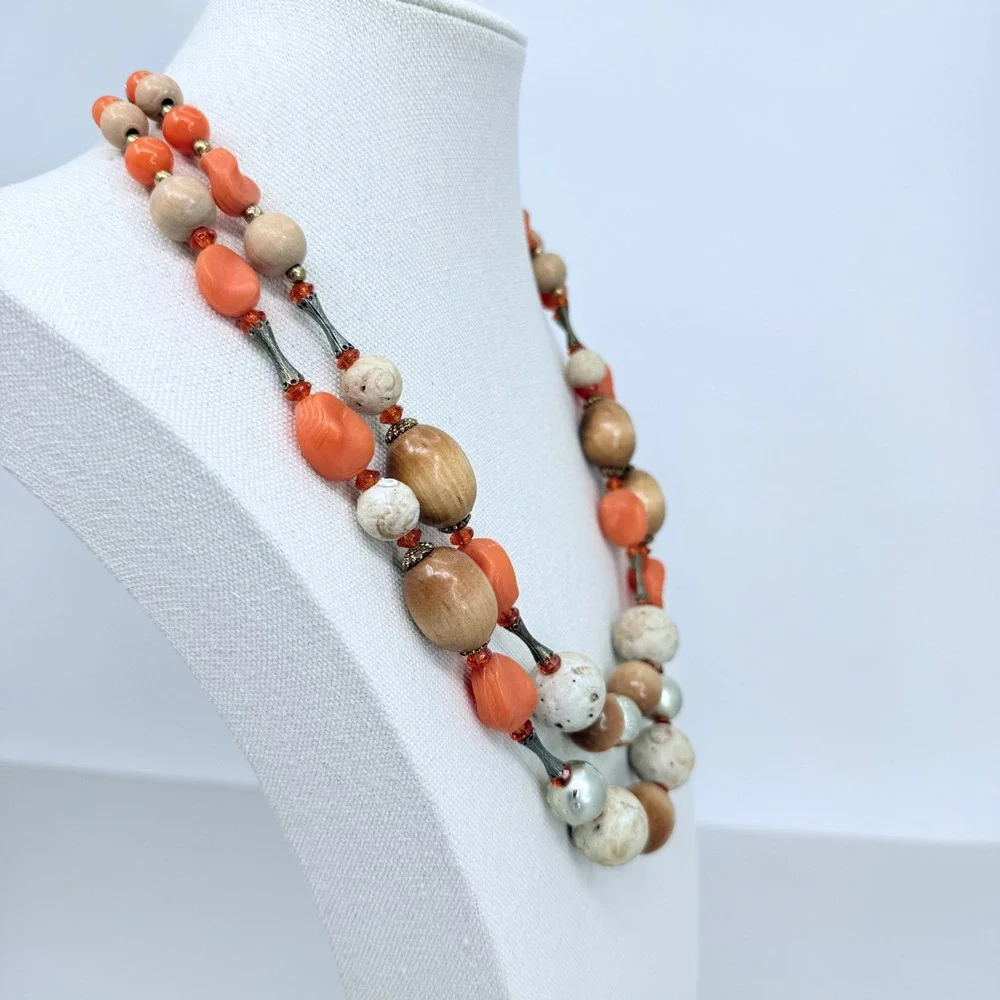 Arthur Pepper Vintage Necklace Double Strand Wood Stone Coral‎ Bead Mid Mod